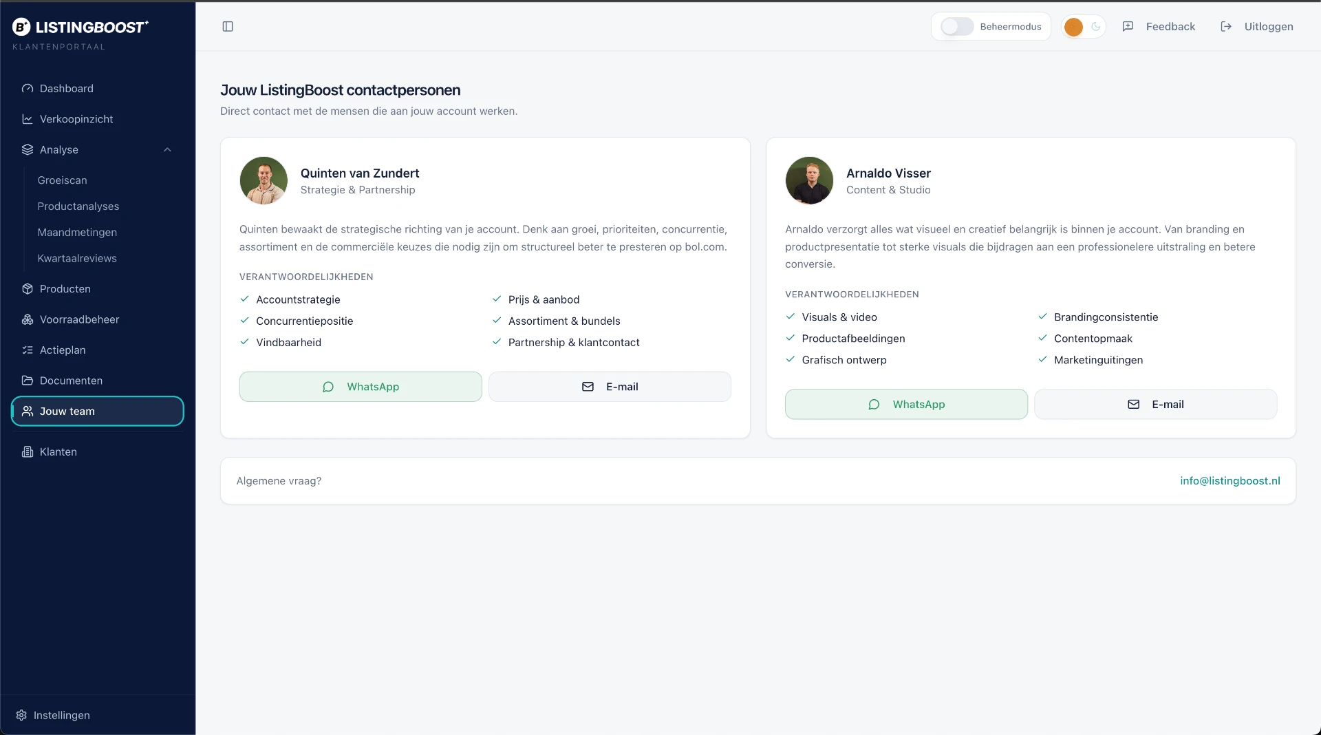 Contactpersonen in het ListingBoost klantenportaal